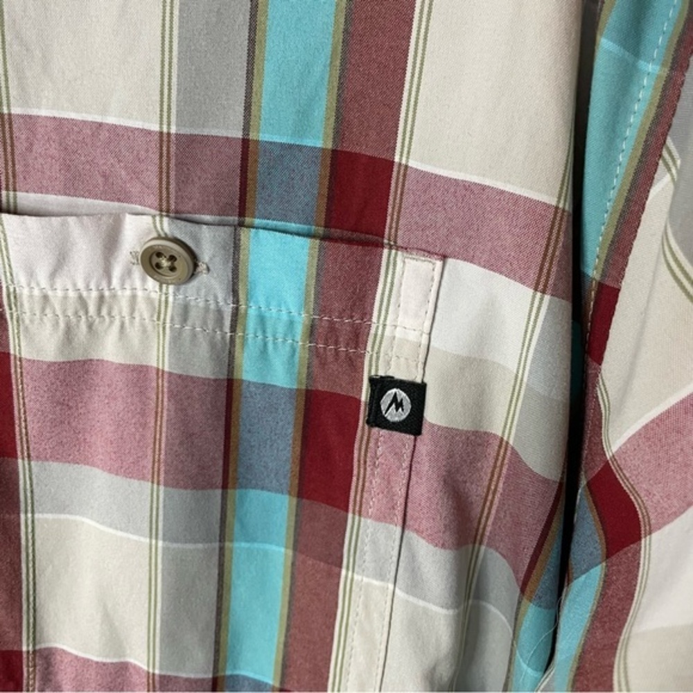 Marmot Short Sleeve Button Up Plaid Red Turquoise Teal White Men’s XL - Picture 5 of 7